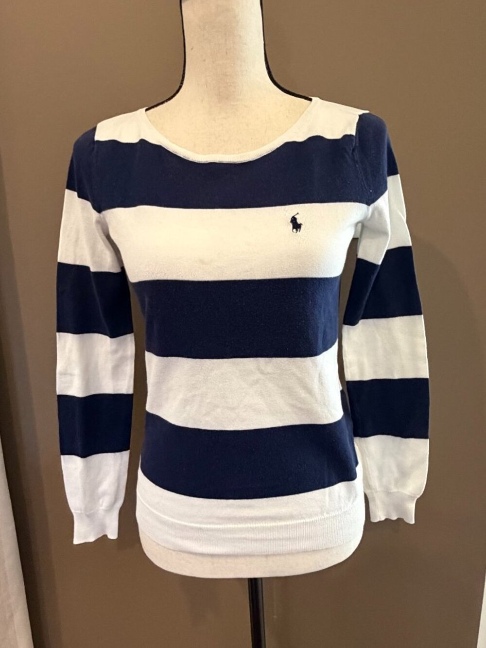 Ralph Lauren Sport Navy & White Long Sleeve Lightweight Sweater Preppy, Size Med
